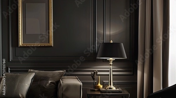 Fototapeta a blank wall and a modern frame with a lamp are positioned in such a way as to attract the viewer's attention. Diffused natural light highlights texture and detail of interior wall and frame
