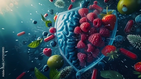 Fototapeta Immune System Defense shield-shaped organ surrounded by protective elements like vitamins and antioxidants, symbolizing the role of the immune system in defending against illness