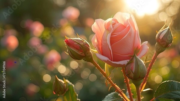 Obraz Sunlit pink rose buds. Generative AI