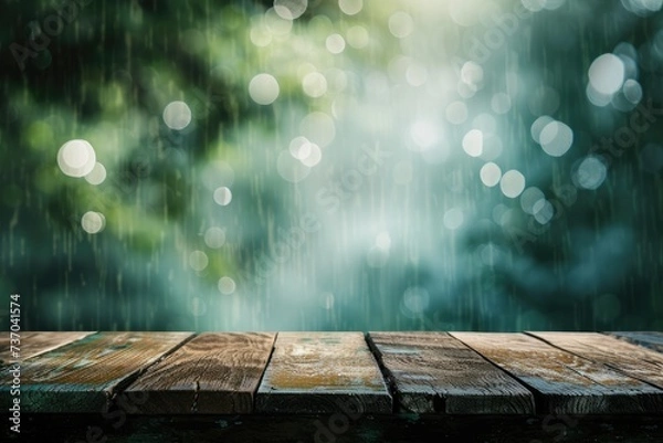 Fototapeta Empty Wooden Table Top for Product Display with Rain bokeh Background