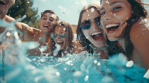 Fototapeta Group Of Friends Having Fun Party In Swimming Pool