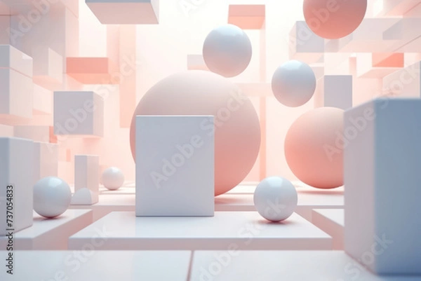 Fototapeta Geometric Pink Minimal Abstract Render Design: Modern Background with Pastel White 3D Sphere.