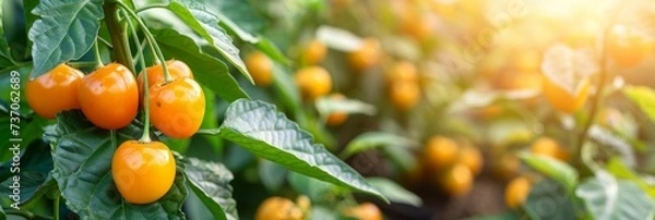 Obraz Fresh organic cherries growing on tree in greenhouse, healthy fruits concept with copy space