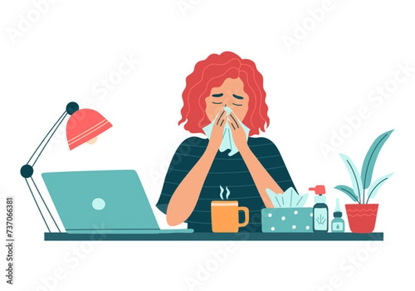 Obraz Sick woman employee with runny nose and hanky work on laptop. Unhealthy female worker feel sick virus, busy with online job. Girl use medicine from fever, flu or cold. Isolated vector illustration
