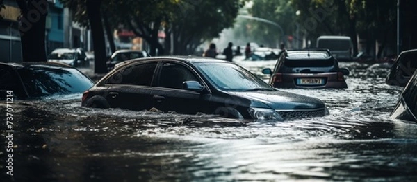 Fototapeta A car is stuck in the flood