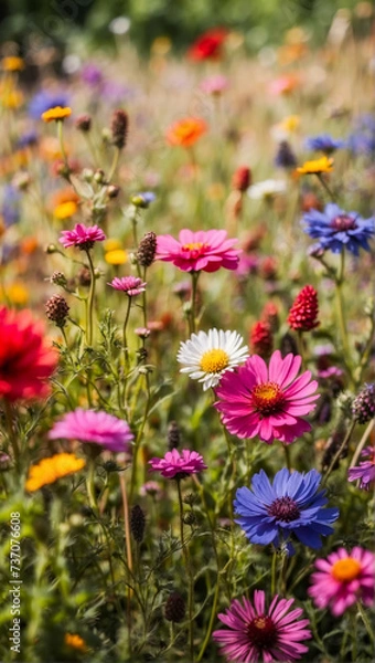 Fototapeta Colorful wildflowers in springtime in the meadow. Generative AI