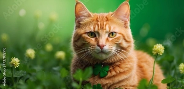 Fototapeta Cute orange tabby cat wearing St. Patrick's Day cat looking at the camera in clover field with copy space, St Patrick Day cards, celebration background
