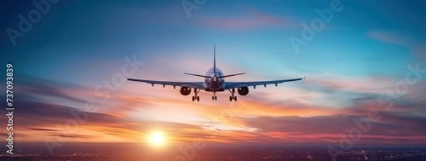 Fototapeta Airplane cuts through vast sky journey illuminated by golden hues of sunset embodying spirit of travel and transportation majestic airliner marvel of aviation glides gracefully bridging destinations