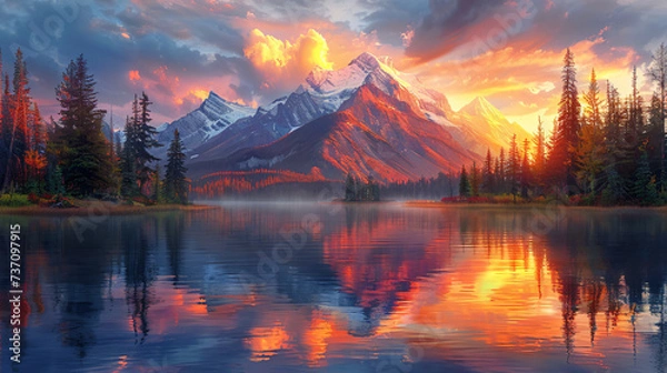 Fototapeta sunset in the mountains behind a lake