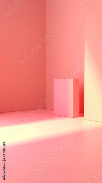 Fototapeta Modern minimalist interior with pink and coral geometric shapes and soft lighting