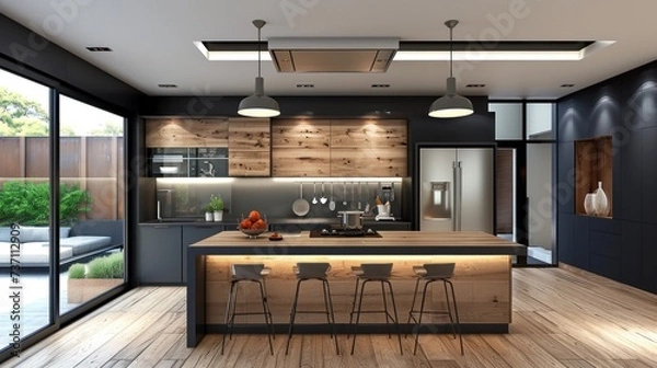 Fototapeta Compact kitchen with a hidden pantry and a small functional appliances. Generative ai 