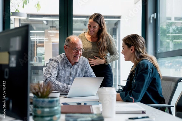 Fototapeta Family business, generational change. A father teaches his daughters the family business in the office. Generative AI.