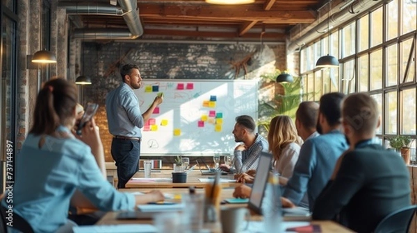 Fototapeta business presentation in a modern loft-style office. A man stands and addresses a group of seated colleagues who are listening attentively and taking notes.