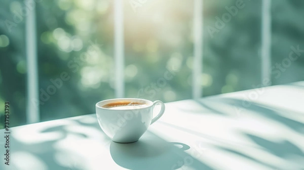 Fototapeta white cup of hot coffee or tea drink by sunny window background, fresh morning beverage