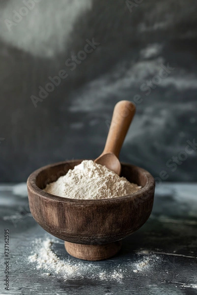 Fototapeta Wooden bowl with white flour powder heap and spoon made of wood, gray background, Generative AI