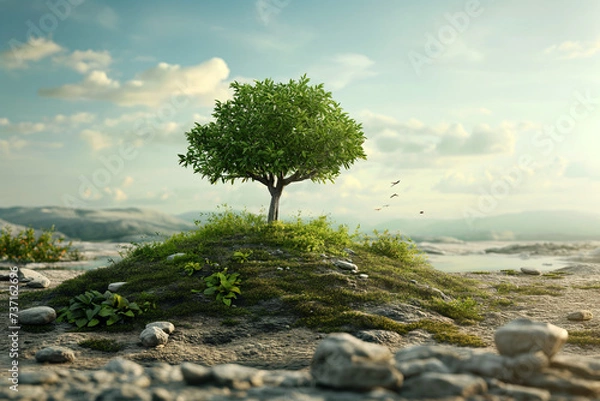 Fototapeta One lonely tree growing on a green hill on the shore with stones and blue sky with clouds and birds, Generative AI