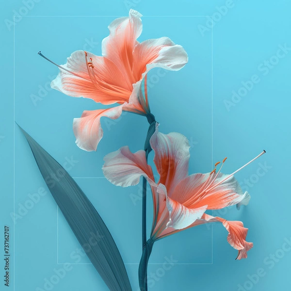 Obraz Two pink lily flowers on blue background, Generative AI
