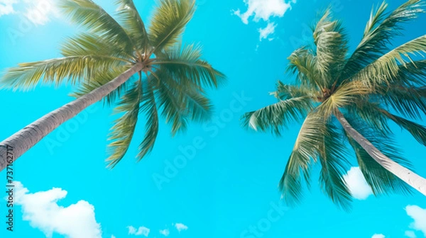 Fototapeta Palm trees against the background of a blue bright cloudless blue sky. Tropical plant, view from bottom to top. Beautiful tropical background with trees