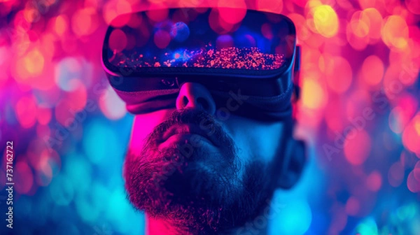 Fototapeta Male person with beard looking up wearing glasses of virtual reality, VR future, Generative AI