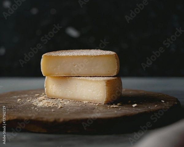 Fototapeta Parmesan cheese cut in half on a wooden cutting board, dark black background, Generative AI