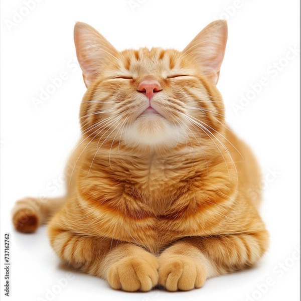 Fototapeta Very happy, chill and relaxed orange cat isolated on white background, Generative AI