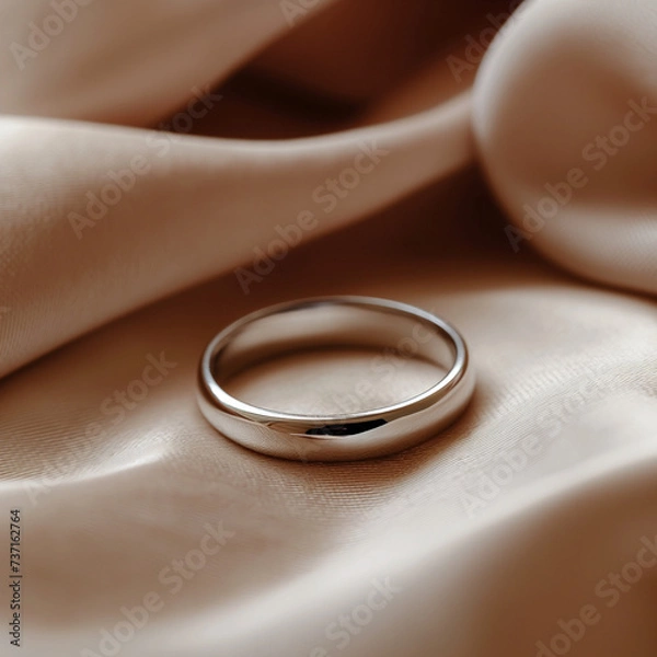 Fototapeta Minimal silver wedding ring on a beige silky textile, Generative AI
