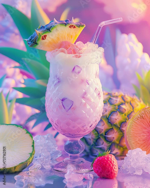 Fototapeta Pina colada summer cocktail with a straw, pineapple and strawberry, Generative AI