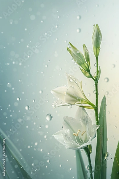 Fototapeta White tulip flowers with falling water drops in spring, Generative AI