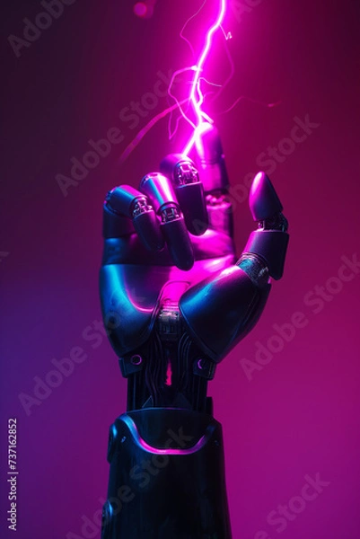 Fototapeta Futuristic mechanical cyborg robot android hand is touching a lighting, pink thunderbolt, Generative AI
