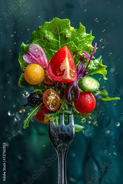 Fototapeta Vegetable salad with cherry tomatoes on a metal fork, isolated on blue background with water drops, Generative AI