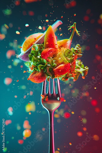 Fototapeta Vegetable salad with cherry tomatoes on a metal fork, isolated on bright bokeh background, Generative AI