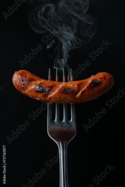 Fototapeta Steaming hot grilled sausage on a metal fork, isolated on black background, Generative AI