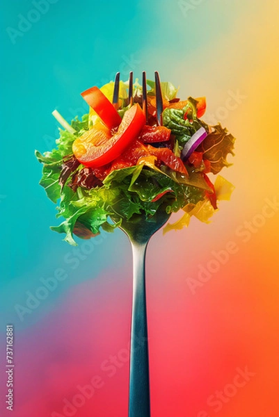 Fototapeta Vegetable salad with onion, tomato, salat on a metal fork, isolated on bright background, Generative AI