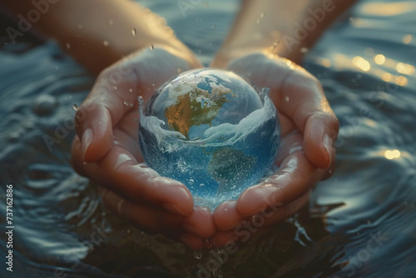 Fototapeta Close-up of two hands holding planet Earth ball globe in the ocean, wave splashes of sea water, ecology environmental awareness, Generative AI