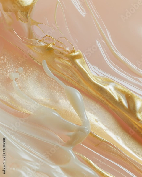 Obraz Soft pink, beige and gold cosmetics serum, silky texture. Generative AI