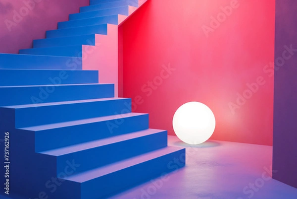 Fototapeta Blue stairway with white round lamp on the floor, pink walls, Generative AI
