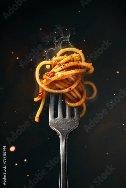 Fototapeta Steaming hot spaghetti pasta with sauce on a metal fork, isolated on black background, Generative AI