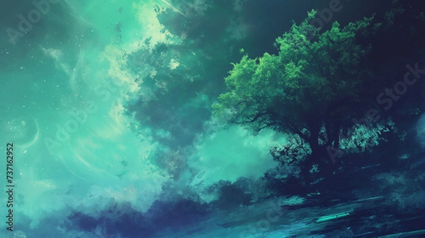 Fototapeta Dreamy green and blue forest background, tree and sky, Generative AI