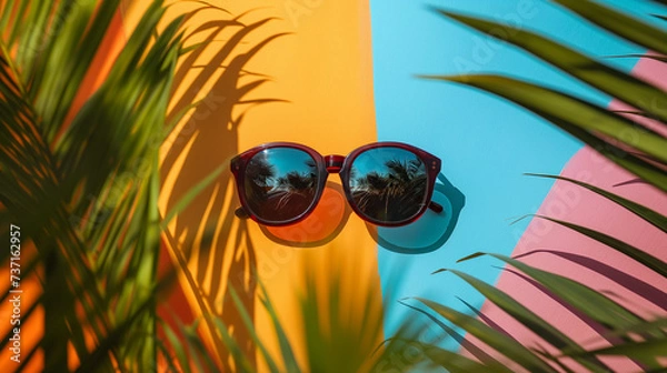 Fototapeta Summer sunglasses on yellow, blue and pink colorful background surrounded by green tropical leaves, Generative AI 