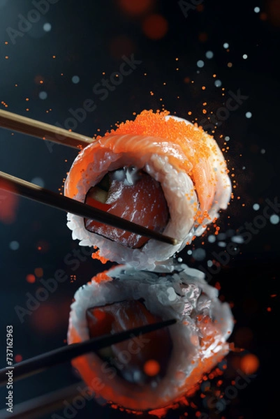 Fototapeta Sushi roll with chopsticks, salmon fish, rice and red caviar, isolated on black background, Generative AI