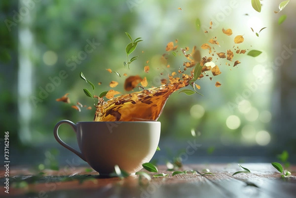 Fototapeta Black tea with leaves splashing out of white cup, green blurred background, Generative AI