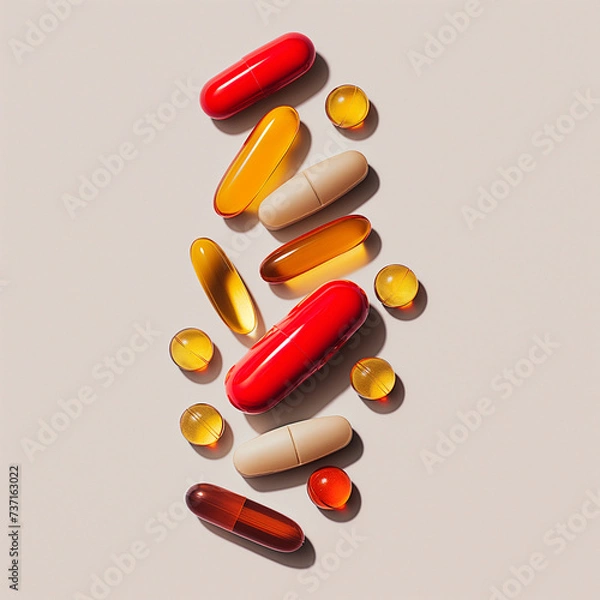 Fototapeta Top view of red, yellow and white pills, vitamins and capsules isolated on white background, Generative AI