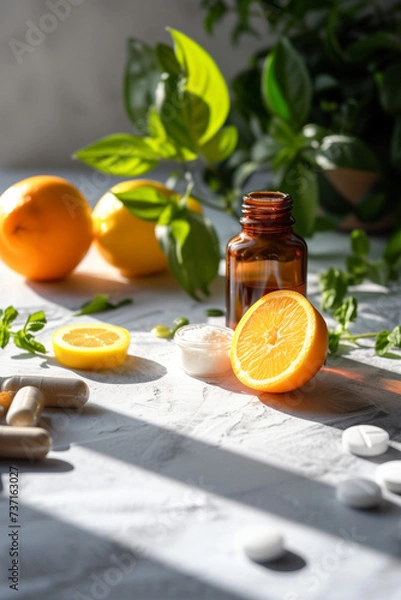 Fototapeta Brown glass bottle, oranges and lemon, basil leaves and vitamin pills on the white table, health background, Generative AI