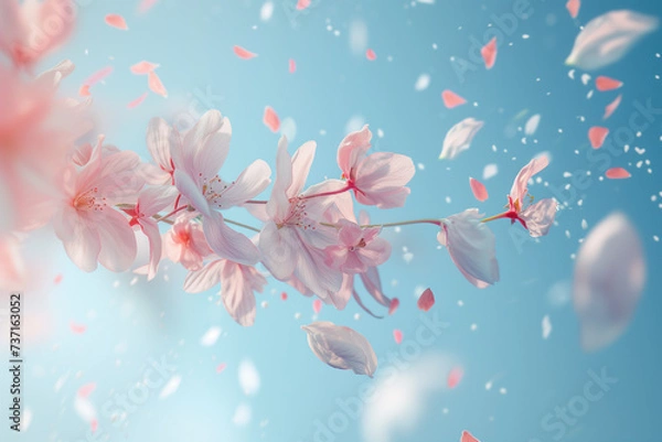 Fototapeta Blue spring background with sakura branch and flying petals, Generative AI
