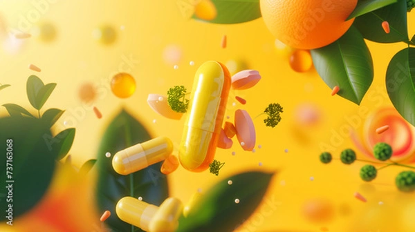 Fototapeta Pills, supplements and vitamins flying in the air, green leaves, bright yellow background, Generative AI