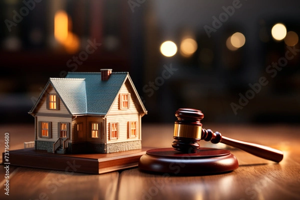 Fototapeta Close up to a law hammer with a house model in the background, real state law. Generative AI