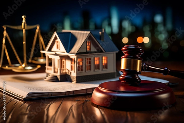 Fototapeta Close up to a law hammer with a house model in the background, real state law. Generative AI