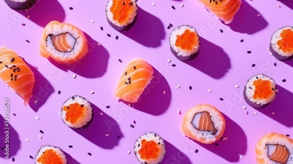 Fototapeta a group of sushi sitting a purple table next to other sushi each other.