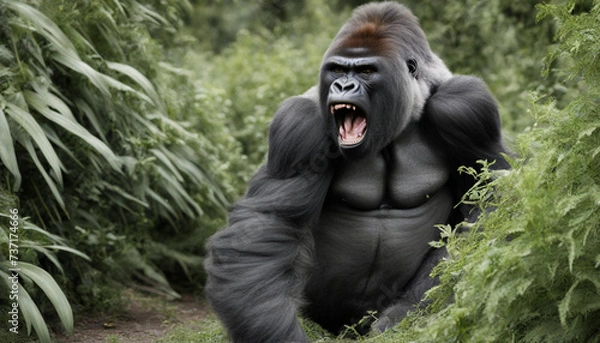 Obraz Photo of a gorilla getting angry and screaming, wild photography