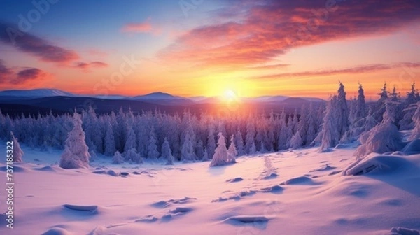 Fototapeta Fantastic winter landscape. Dramatic sunset over the snowy forest. Winter landscape wallpaper with pine forest covered with snow and scenic sky at sunset